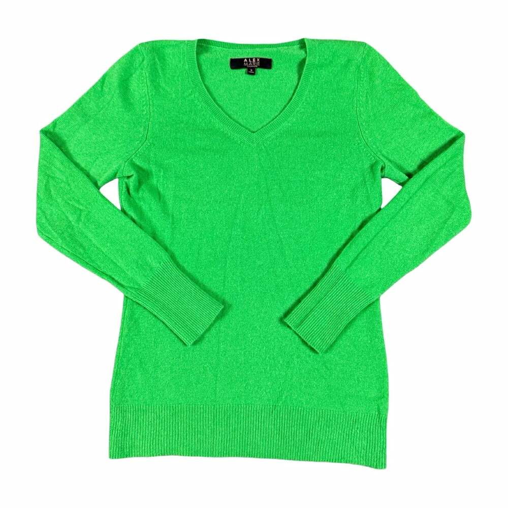 Women’s Alex Marie Green 100% Cashmere Knit V-Neck Ribbed Pullover Sweater S